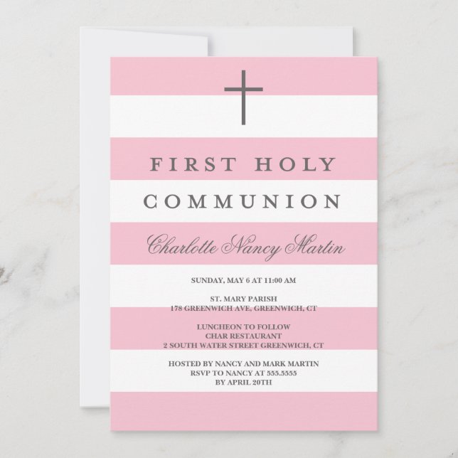 Modern Stripes First Communion Invitation Pink (Front)