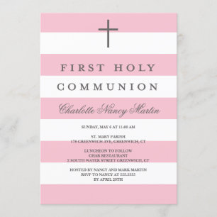 Modern Stripes First Communion Invitation Pink