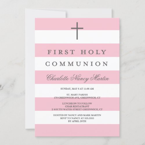 Modern Stripes First Communion Invitation Pink