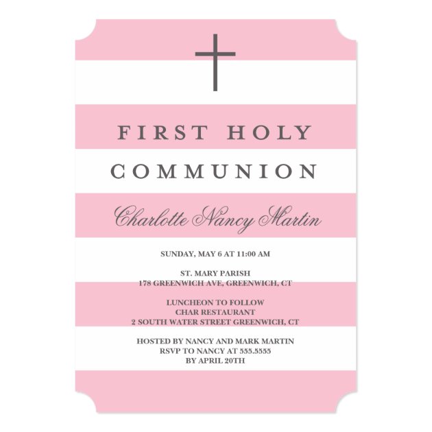 Modern Stripes First Communion Invitation Pink