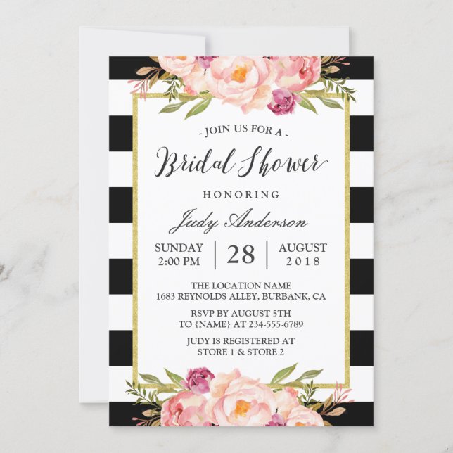 Modern Stripes Floral Decor Wedding Bridal Shower Invitation (Front)
