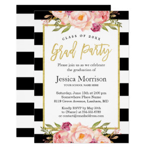 Modern Stripes Floral Gold Script Graduation Party Card