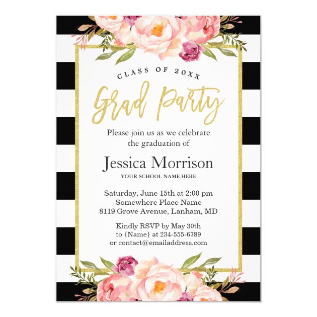 Modern Stripes Floral Gold Script Graduation Party Card