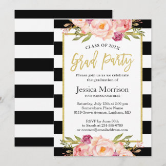 Modern Stripes Floral Gold Script Graduation Party Invitation
