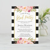 Modern Stripes Floral Gold Script Graduation Party Invitation (Standing Front)