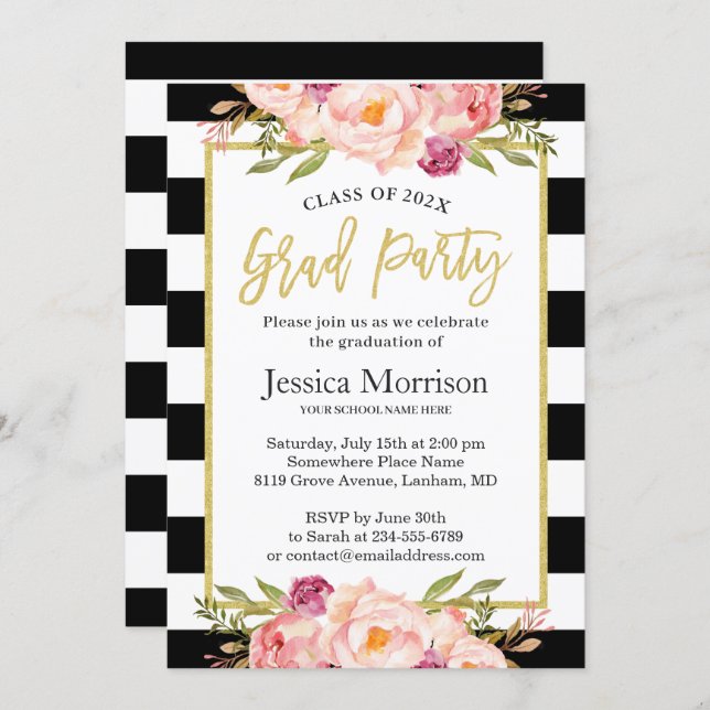 Modern Stripes Floral Gold Script Graduation Party Invitation (Front/Back)