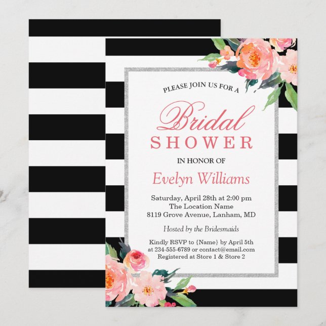 Modern Stripes Floral Silver Frame Bridal Shower Invitation (Front/Back)