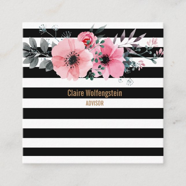 Modern Stripes Flowers Professional Square Square Business Card (Front)