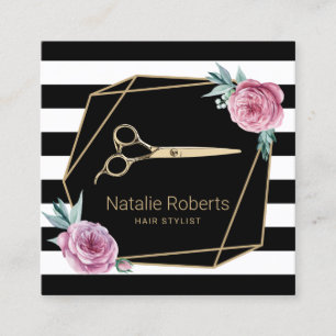 Modern Stripes Geometric Hair Stylist Pink Floral Square Business Card