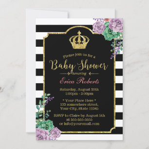 Modern Stripes Gold Crown Floral Baby Shower Invitation