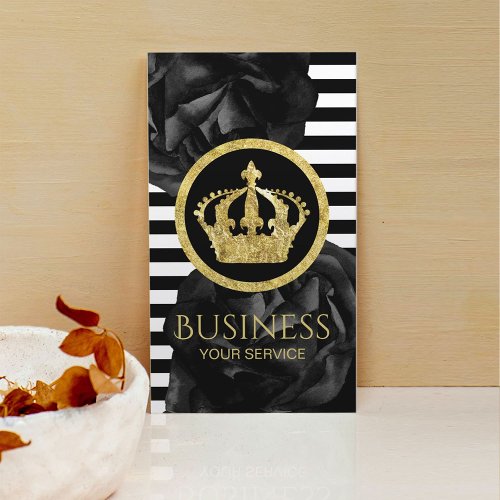 Modern Stripes Gold Crown Logo Black Floral Business Card