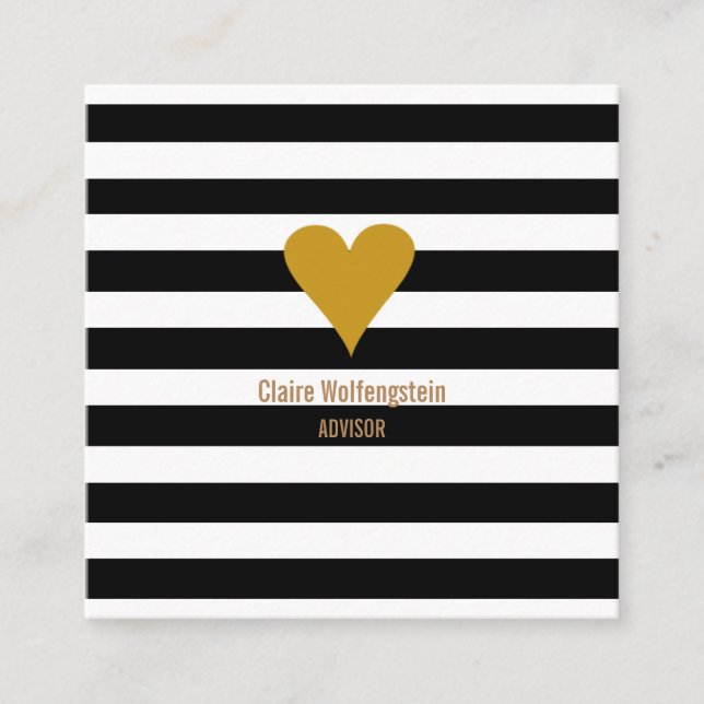Modern Stripes Gold Heart Professional Square Square Business Card (Front)