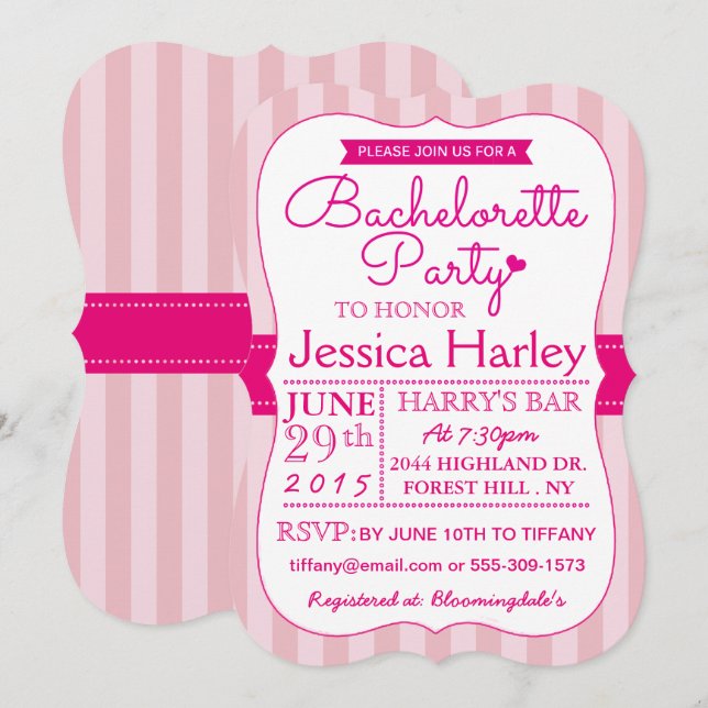 Modern Stripes Hot Pink Bachelorette Party Invitation (Front/Back)