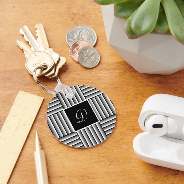 Modern stripes in black, white and gray - Monogram Keychain (Desk)