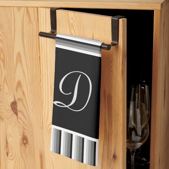 Modern stripes in black, white and gray - Monogram Kitchen Towel (Thirds Fold)