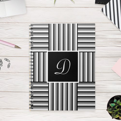 Modern stripes in black white and gray _ Monogram Notebook