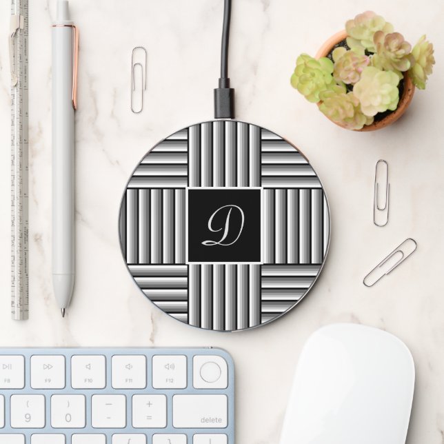 Modern stripes in black, white and gray - Monogram Wireless Charger (Desk)