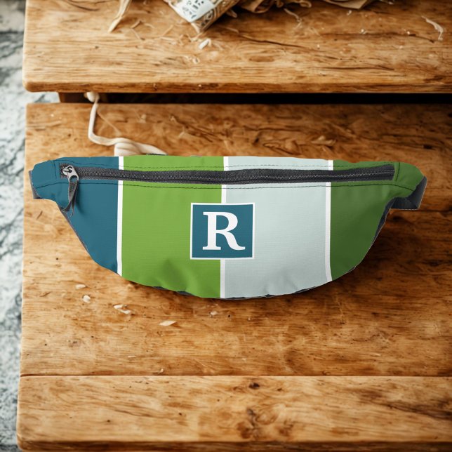 Modern Stripes in blue and green with Monogram  Fanny Pack (fanny pack with monogram)