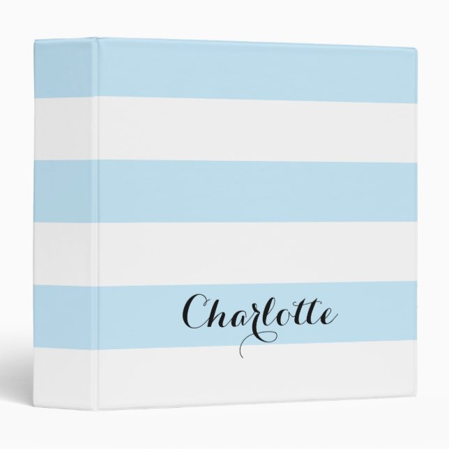 Modern stripes light blue white custom script text 3 ring binder (Front/Spine)