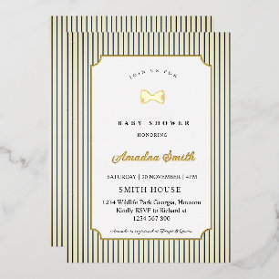 Modern Stripes Little Bow Baby Shower Foil Invitation