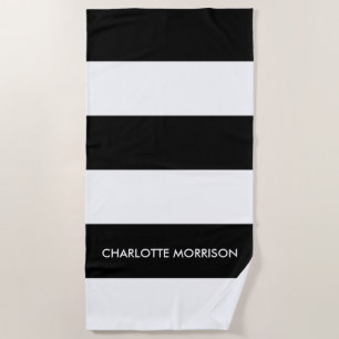 Modern stripes name monogram black and white beach towel