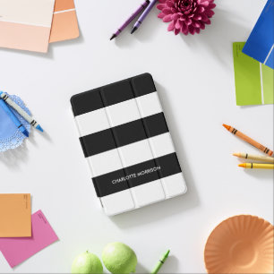 Modern stripes name monogram black and white iPad mini cover