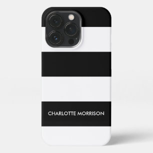 Modern stripes name monogram black and white iPhone 13 pro case