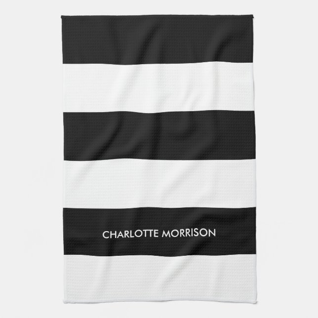 Modern stripes name monogram black and white kitchen towel (Vertical)