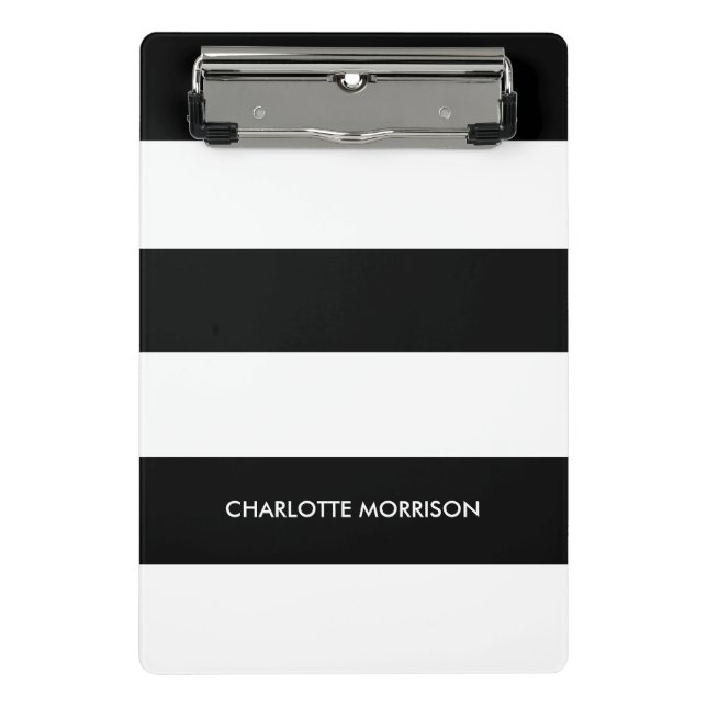 Modern stripes name monogram black and white mini clipboard (Front)
