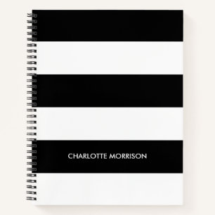 Modern stripes name monogram black and white notebook