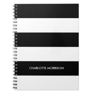Modern stripes name monogram black and white notebook