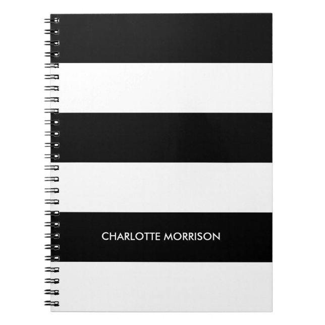 Modern stripes name monogram black and white notebook (Front)