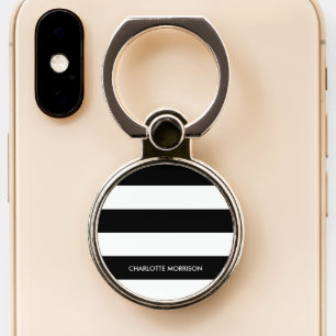 Modern stripes name monogram black and white phone ring stand