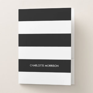 Modern stripes name monogram black and white pocket folder