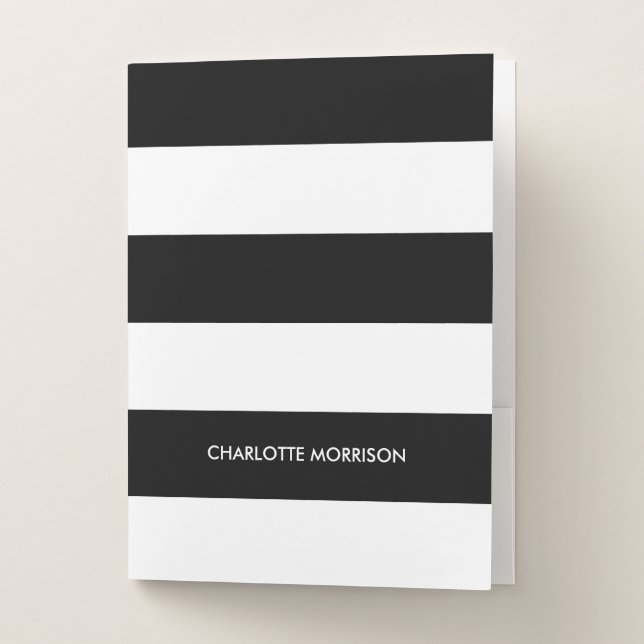 Modern stripes name monogram black and white pocket folder (Front)