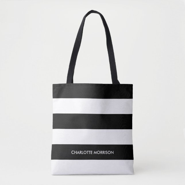 Modern stripes name monogram black and white tote bag (Front)