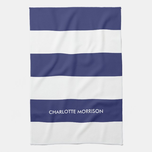 Modern stripes name monogram navy blue white kitchen towel (Vertical)
