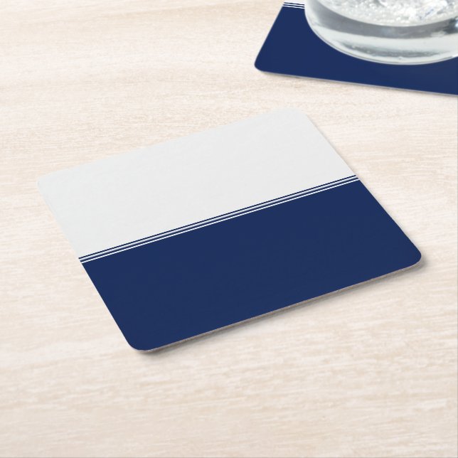 Modern Stripes Navy Blue Custom Square Paper Coaster (Angled)