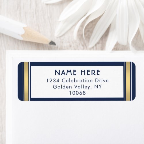 Modern Stripes Navy Blue White Gold Return Address Label