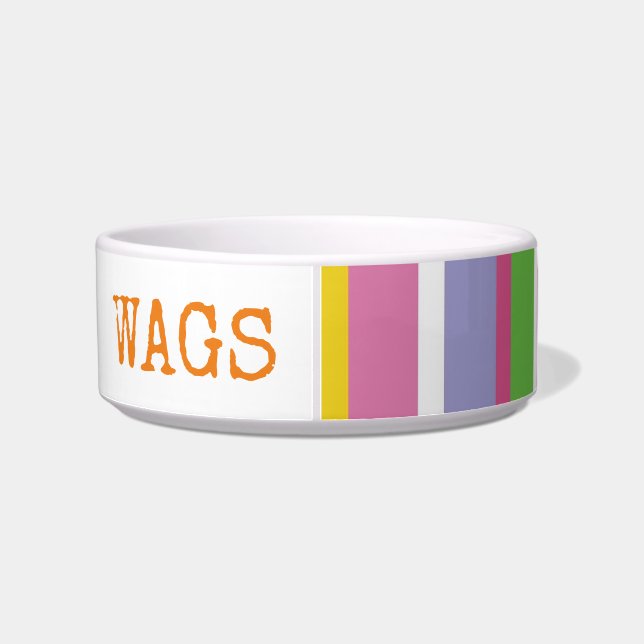 Modern Stripes Pattern Bright Hip Pet NAME Fun Bowl (Back)