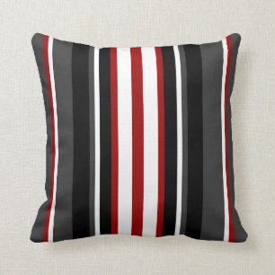 Modern Stripes Pattern on Black/White/Gray/Red Throw Pillow