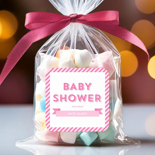 Modern Stripes Pink Baby Shower Square Sticker (Creator Uploaded)