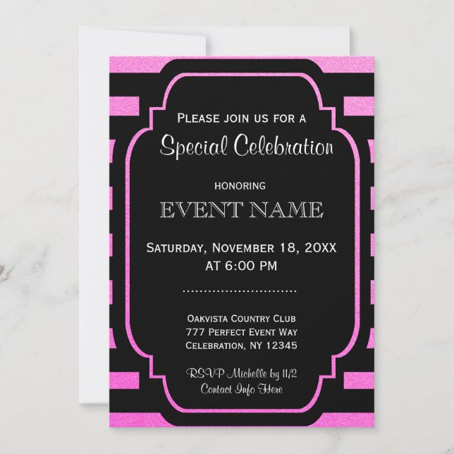 Modern Stripes Pink Black Invitation (Front)