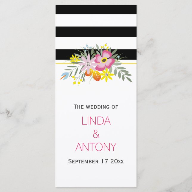 Modern stripes pink flowers wedding program (Front)