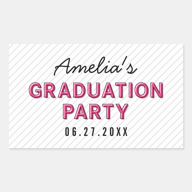 Modern Stripes Pink Graduation Party Rectangular Sticker (Front)