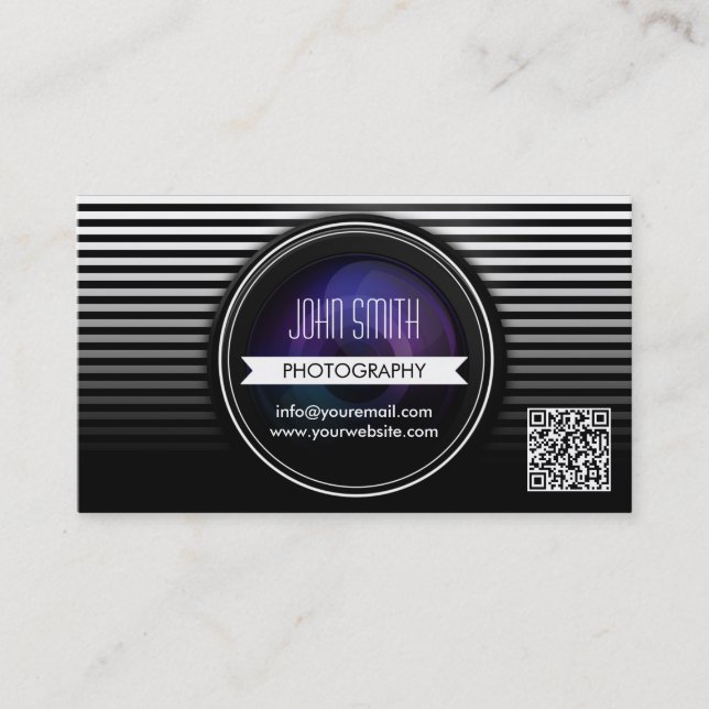 Modern Stripes QR Code Photography Business Card (Front)