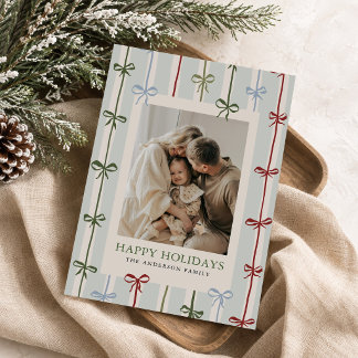 Modern Stripes & Red Bow Christmas Photo Holiday Card