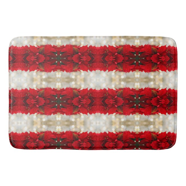Modern Stripes Red Poinsettias and White Lights Bath Mat (Front)