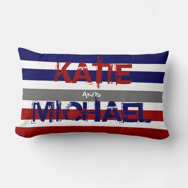 Modern Stripes, Red White Blue, w Couples' Names Lumbar Pillow (Front)