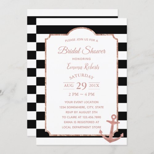 Modern Stripes Rose Gold Anchor Bridal Shower Invitation